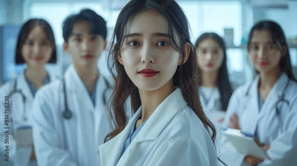 A group of Chinese doctors in white coats stand side by side, with modern medical equipment and computers behind them. The background is a light blue and clean. Generative AI. A group of Chinese doctors in white coats stand side by side, with modern medical equipment and computers behind them. The background is a light blue and clean. Generative AI.