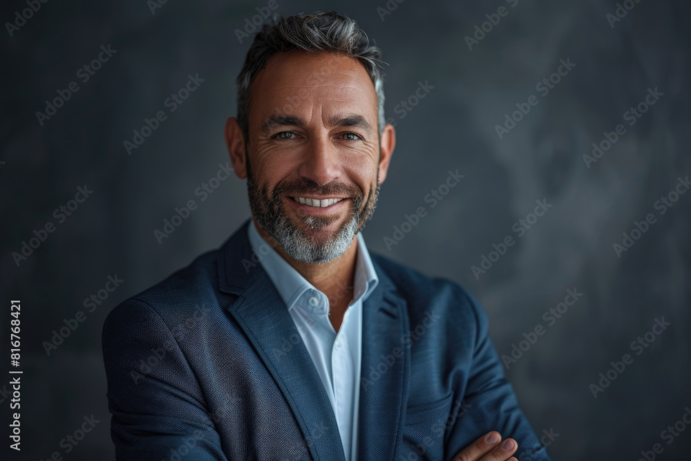 Portrait of man in professional attire smiling radiantly on dark gray studio background Portrait of man in professional attire smiling radiantly on dark gray studio background