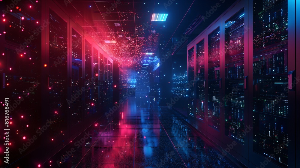 Fototapeta premium Abstract technology background with red and blue neon lights in server room.