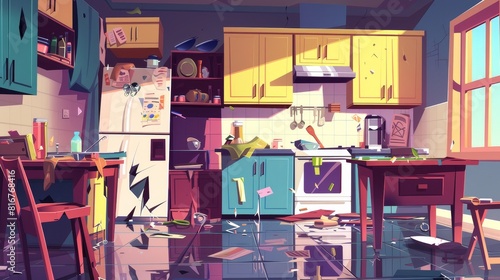An abandoned house with an incomplete kitchen. The kitchen is messy and unclean, and the utensils are unclean, and the counters are cluttered. photo