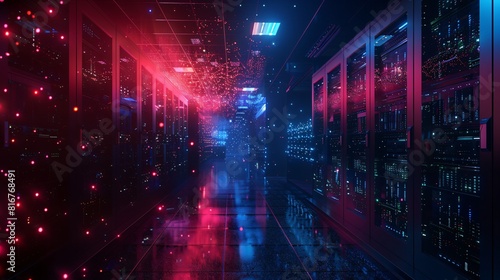 Abstract technology background with red and blue neon lights in server room.