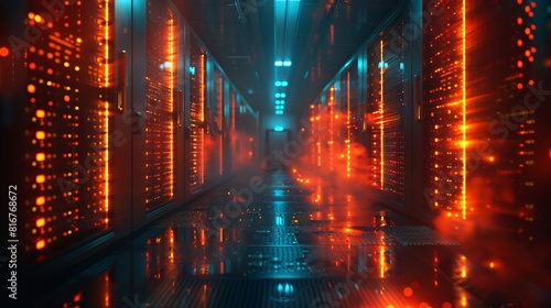 Abstract technology background. Futuristic data center with servers and supercomputers. Artificial intelligence and quantum computing concept.