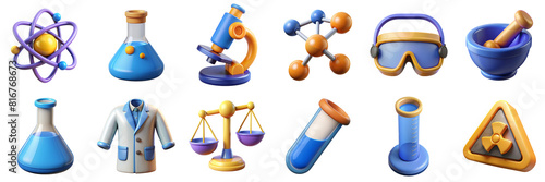 Chemical laboratory 3D icons. Science Illustration - lab coat, test tube, molecule, flask, microscope, atom model, scientific equipment, chemistry hazard