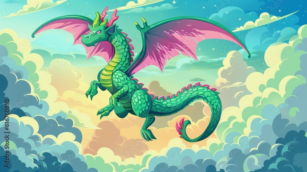 A green dragon with pink wings flying above clouds against a cloudscape background. Traditional Asian mascot animal with tail, horns, and paws. A green dragon with pink wings flying above clouds against a cloudscape background. Traditional Asian mascot animal with tail, horns, and paws.