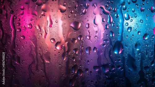 Water drops on glass. Rain-drenched window pane with vibrant neon reflections  capturing the colors of the urban night