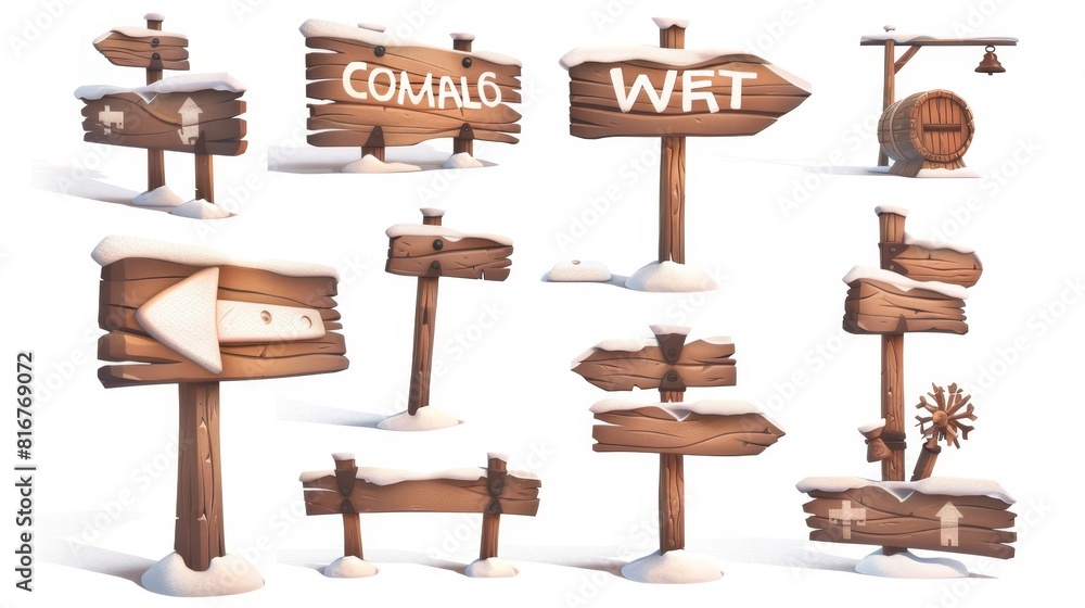 Signpost board set winter design with snowy cap on white pillar. Christmas timber travel guide for track destination label illustration notice. Signpost board set winter design with snowy cap on white pillar. Christmas timber travel guide for track destination label illustration notice.