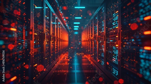 Abstract technology background. Server room with red and blue lights.