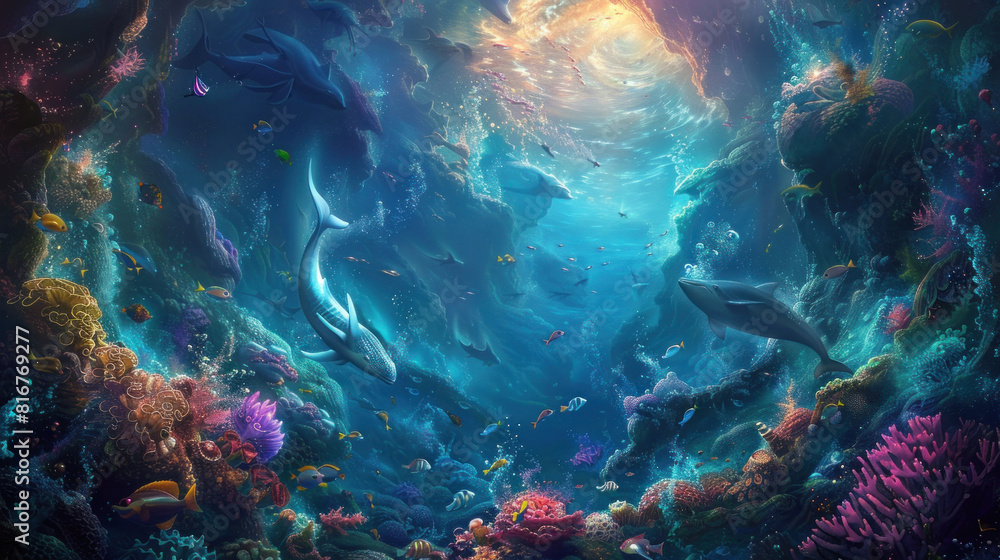 Fototapeta premium Dive into a world of imagination and wonder with our extensive undersea collection, featuring fantastical creatures, mythical landscapes, and magical underwater kingdoms.