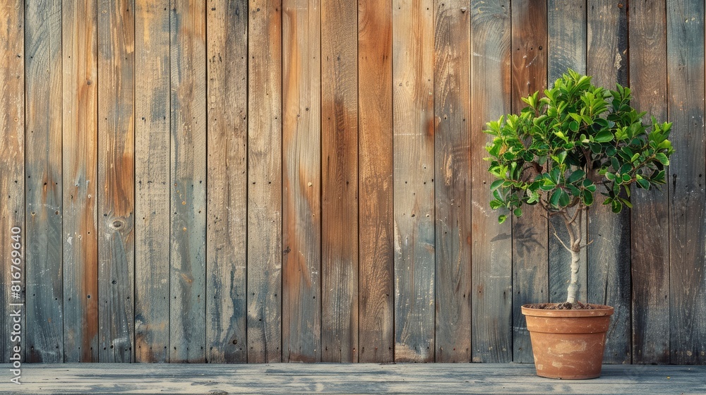 Green tree in a flower pot with a wooden backdrop Green tree in a flower pot with a wooden backdrop
