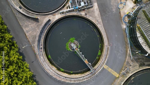 Drone shot above a waste water treatment plant of a small town in the United Kingdom