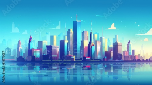 Blue panoramic metropolis environment concept with cityscape flat building skyline modern background. Top view of urban business skyscrapers in downtown. Interactive cityscape indoor game