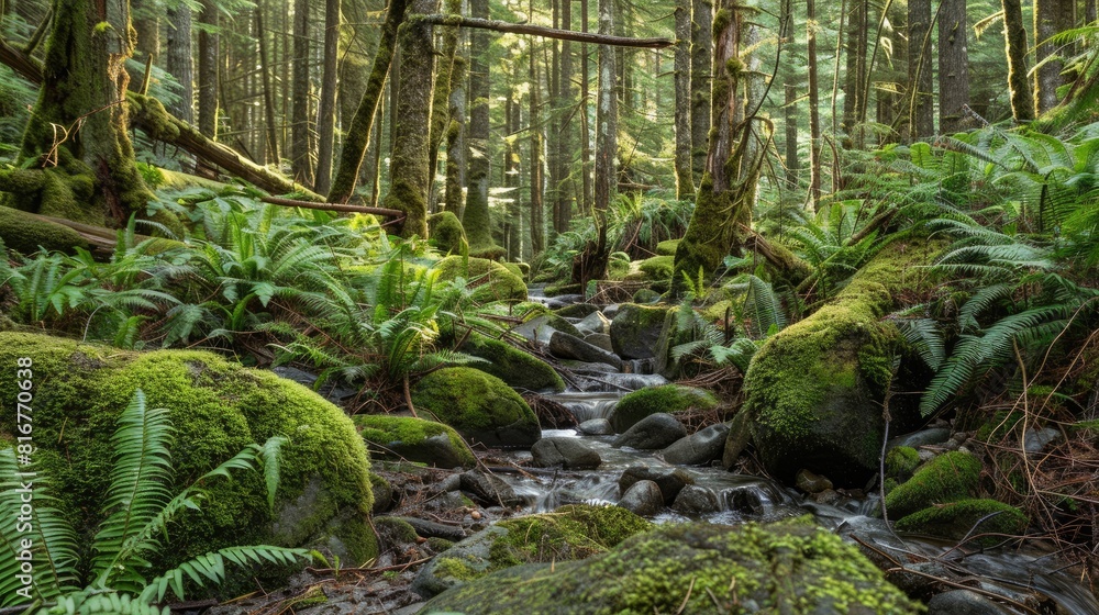 Forest slope covered with mossy boulders and a meandering stream cascading through fern filled terrain
