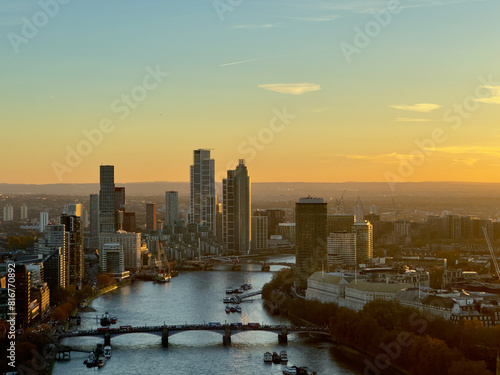 Aerial view of the London Eye, a view of the Vauxhall, London at sunset photo