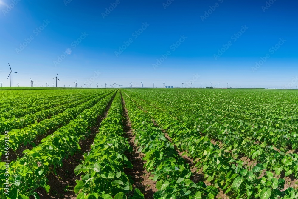 A panoramic view of a lush green field with vibrant crops swaying, wind turbines in the background