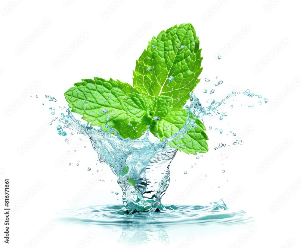 peppermint mint transparent water liquid splash, concept of herbal tea drink beverage ingredient, flavor, taste, isolated on white background peppermint mint transparent water liquid splash, concept of herbal tea drink beverage ingredient, flavor, taste, isolated on white background