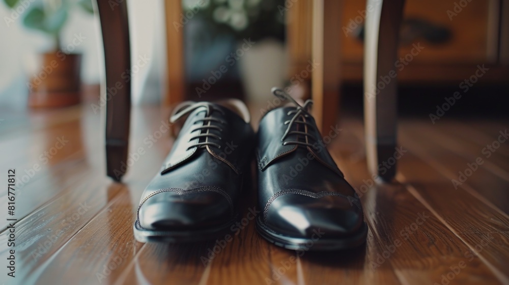 Pair of shoes resting on a wooden surface, suitable for various concepts and designs Pair of shoes resting on a wooden surface, suitable for various concepts and designs
