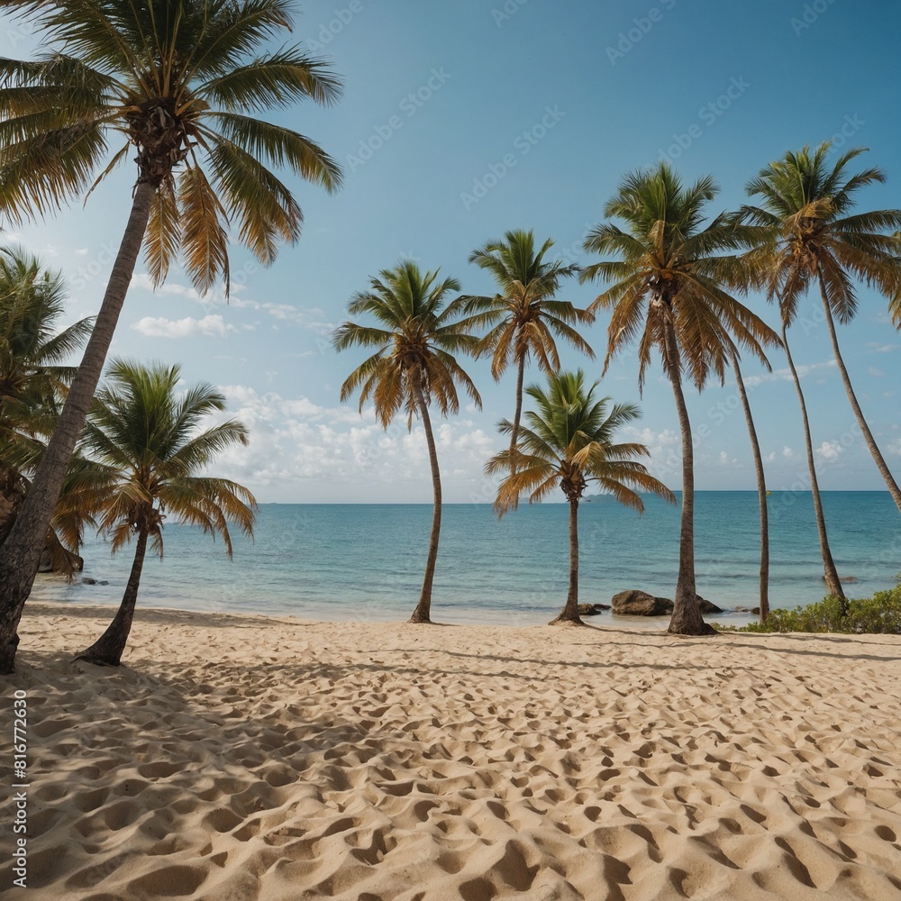 A beautiful beach with palm trees and sand.


