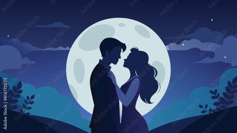 Romantic couple silhouette against full moon vector cartoon illustration. Love and intimacy under starry night sky.