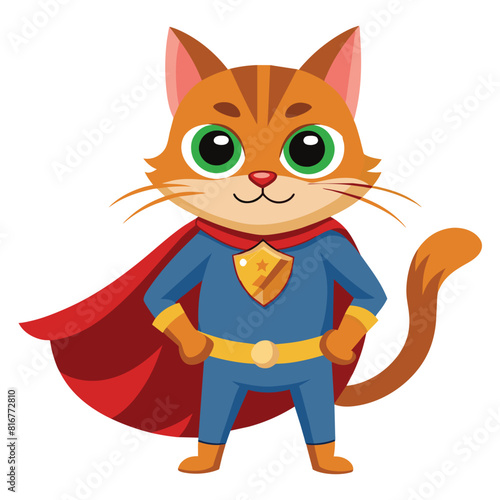 Superhero cat in costume ready for action, vector cartoon illustration.