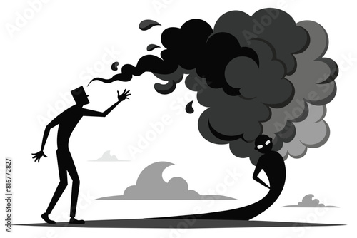 Man confronting a menacing smoke monster, vector cartoon illustration. Struggle or confrontation, symbolic image of influence, temptation, or inner conflict, portrayed in monochrome.
