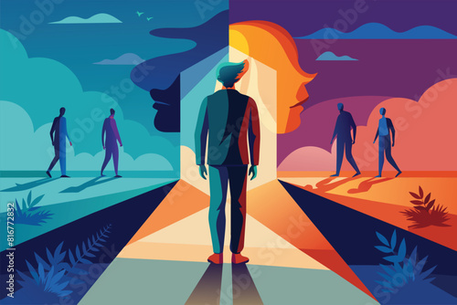 Man between two profile faces with celestial elements, vector cartoon illustration. Abstract depiction of person making choice or experiencing dichotomy, set against night sky backdrop.