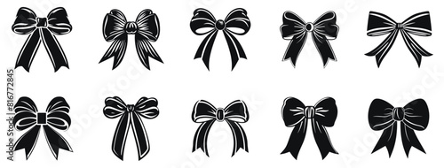 Stylish Black Ribbon Bows vector illustration. Different present decoration hand drawn black on white background. Satin gift bow silhouette.