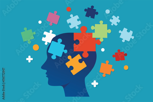 Human head silhouette with puzzle pieces, vector cartoon illustration. Artistic representation of human mind and cognitive processes with colorful jigsaw pieces.