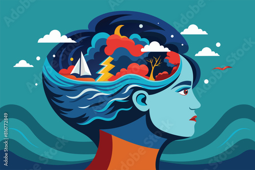 Female profile with vivid storm and serene sea inside, vector cartoon illustration. A depiction of contrasting emotional states. photo