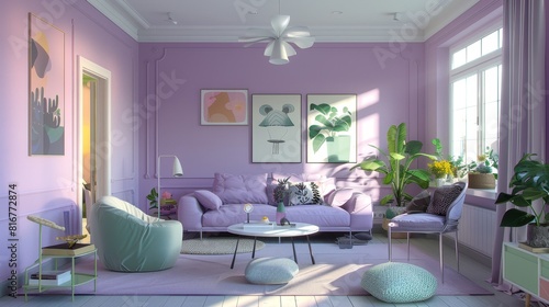 Colorful Living Room with Pink Sofa and Vibrant Decor  Modern Interior Design for Home Decor and Lifestyle Photography