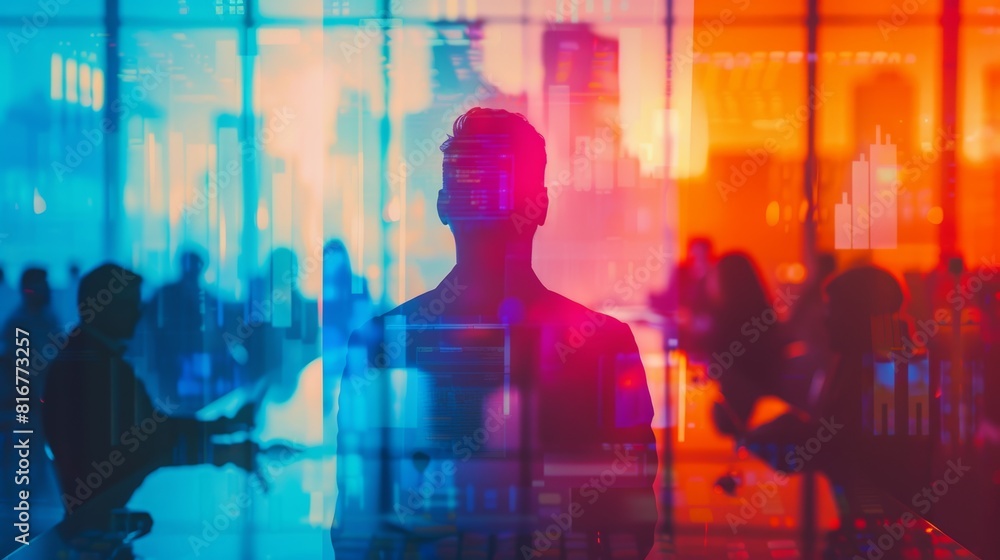 Fototapeta premium Startup founder pitching to investors, close up, entrepreneurial theme, vibrant, Double exposure, conference room