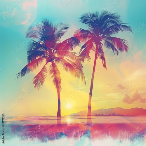 Tropical beach with palm trees, close up on coconuts, bright and vivid colors, Double exposure silhouette with a desert landscape