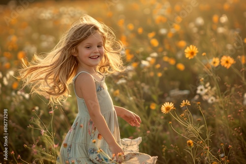 A young girl happily runs through a field of colorful flowers in the sunshine