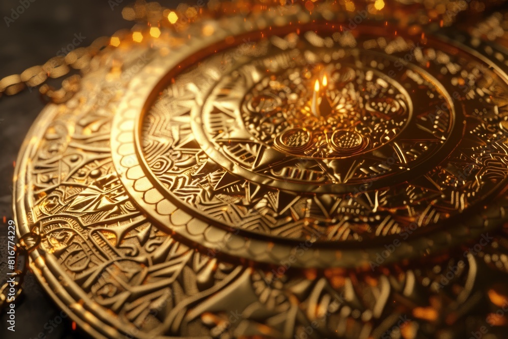 A detailed view of a gold plate on a table, perfect for luxury dining concepts A detailed view of a gold plate on a table, perfect for luxury dining concepts