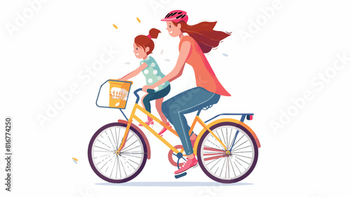 Mom teaching daughter ride bicycle. Mother showing li