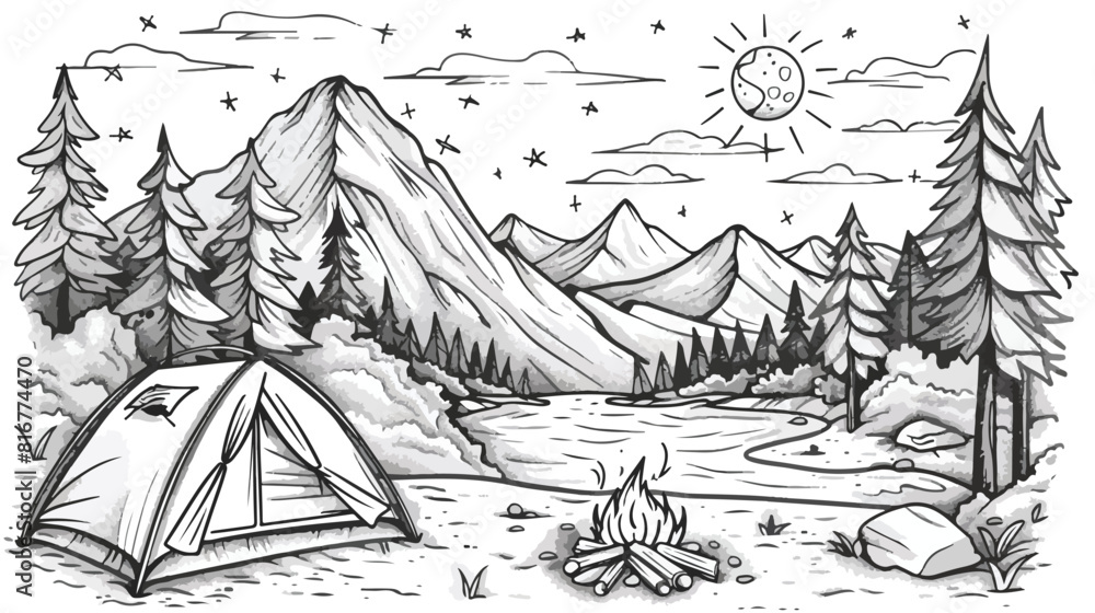 Monochrome landscape with tent and campfire in forest