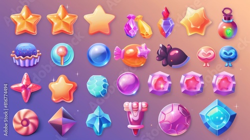 This can be used in mobile videogames to show the level of the candy game. You can choose the star icon cartoon design or you can select the jelly glossy button collection. photo