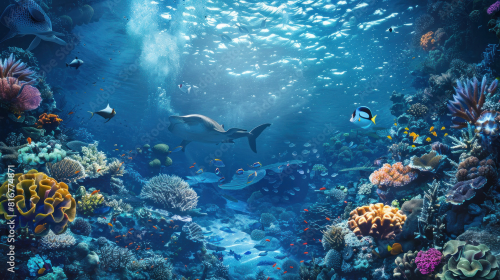 Fototapeta premium Explore the wonders of the ocean floor in our vast undersea collection, featuring breathtaking coral reefs, mysterious shipwrecks, and mesmerizing marine life.