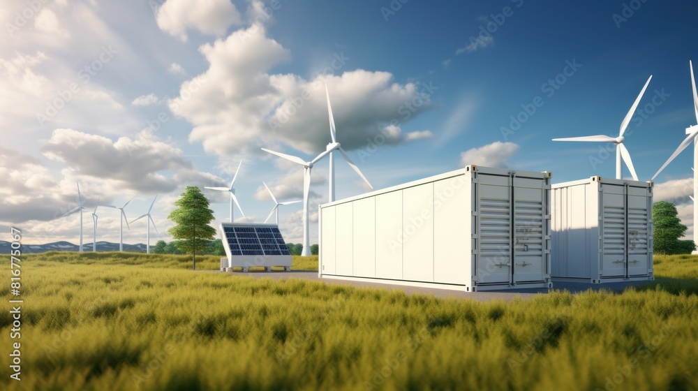 View of Concept of Modern energy storage batteries system, wind power, wind ...