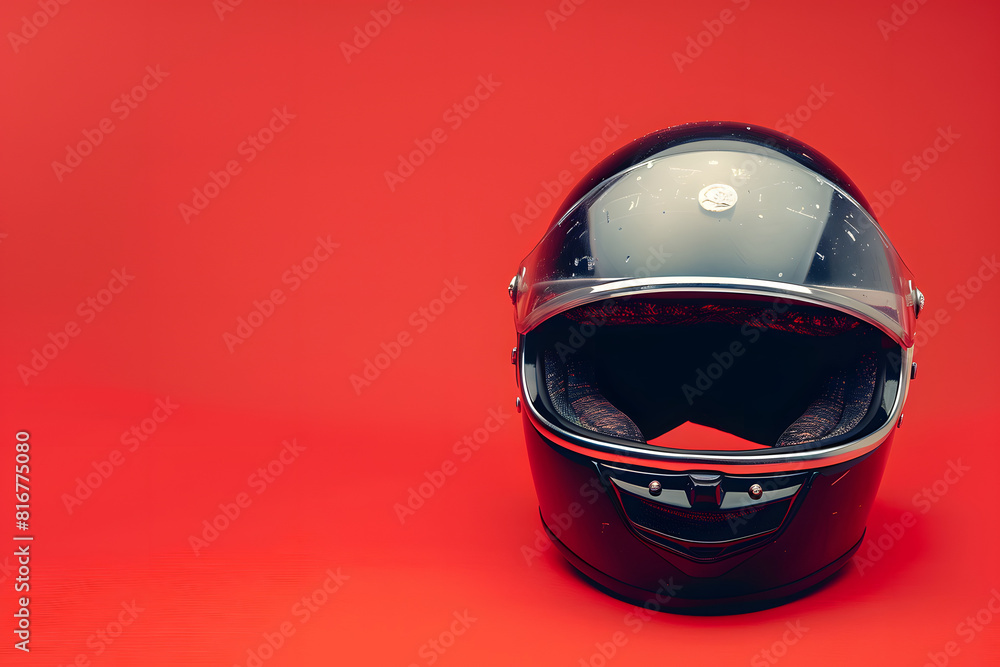 A vibrant image of a classic motorcycle helmet on a solid red background A vibrant image of a classic motorcycle helmet on a solid red background