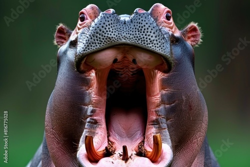 Highresolution image capturing the detailed features of a hippopotamus' wideopen mouth photo