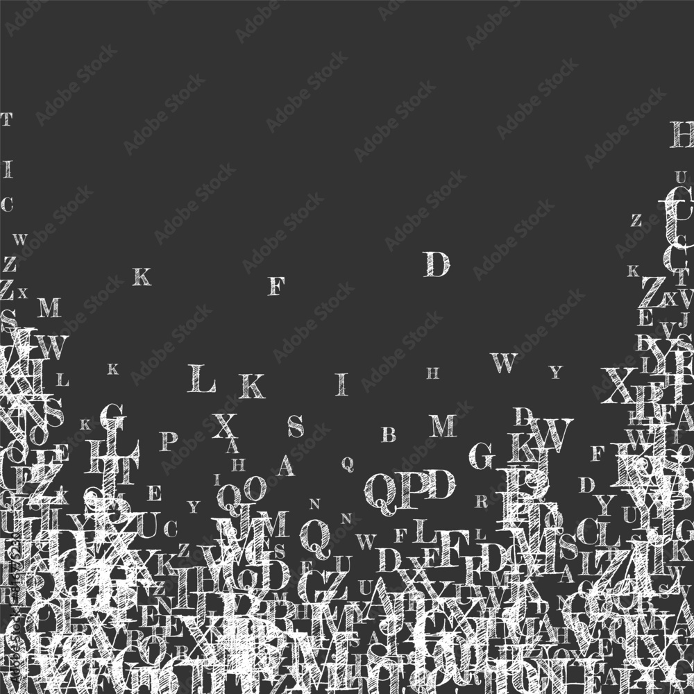 Flying latin letters. White chalk scattered Flying latin letters. White chalk scattered