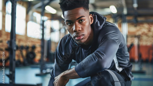 Feel inspired to prioritize your warm-up routine as you observe a young man stretching his legs, emphasizing the significance of injury prevention and performance optimization in gym workouts. photo