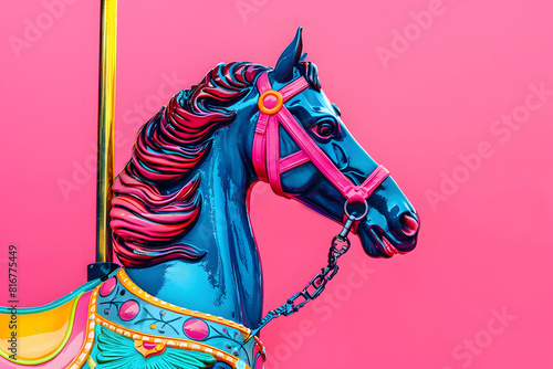 A vibrant photo of a classic carousel horse on a solid pink background