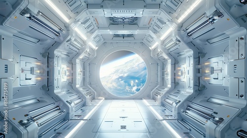 Fototapeta Naklejka Na Ścianę i Meble -  The interior of a white space station in the future is futuristic and sci-fi, with a futuristic door and window outside looking at planet earth, futuristic architecture. Generative AI.
