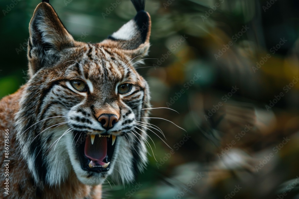 Fototapeta premium Captivating closeup of a eurasian lynx snarling against a blurred natural background
