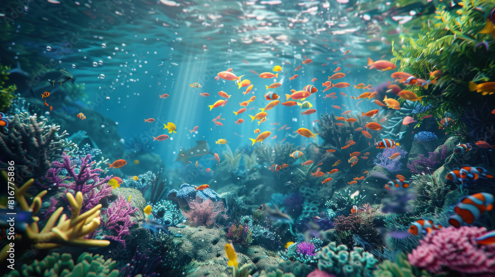 Naklejka premium Immerse yourself in the beauty and diversity of marine ecosystems with our extensive undersea collection, showcasing the wonders of coral gardens, kelp forests, and deep-sea trenches.