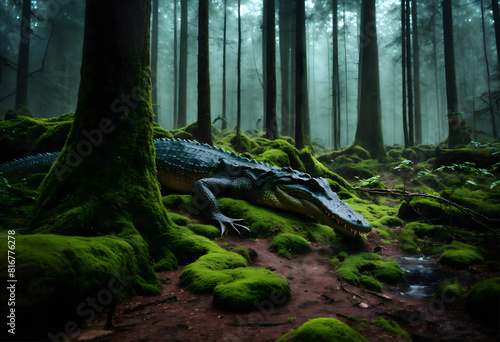 Fierce crocodile in dark green forest, big alligator on mysterious foggy animal park, cinematic view of Caiman, realistic gator walking