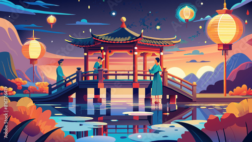 Tranquil Asian Pagoda at Twilight with Lanterns Illuminating the Scene. Vector illustration for Qixi festival celebrating. Chinese Valentine's Day, Double Seventh Festival, the Magpie Festival.