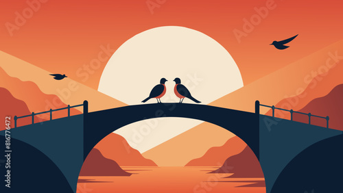 Serene Sunset Silhouette of Birds on a Bridge Over River. Vector illustration for Qixi festival celebrating the annual meeting of the cowherd and wearer girl in chinese mythology photo
