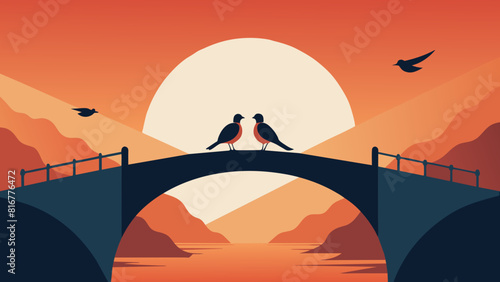 Serene Sunset Silhouette of Birds on a Bridge Over River. Vector illustration for Qixi festival celebrating the annual meeting of the cowherd and wearer girl in chinese mythology
